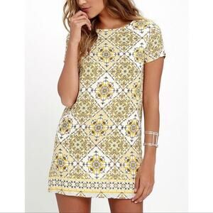 Lulus Dandy Lion Yellow Print Shift Mini Dress SZ S Flirty CottageCore Sexy